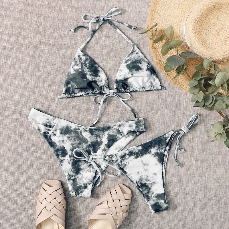 3pack Tie Dye Triangle Tie Side Bikini Swimsuit, Grey