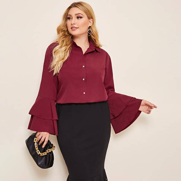 

Plus Solid Flounce Sleeve Blouse, Burgundy