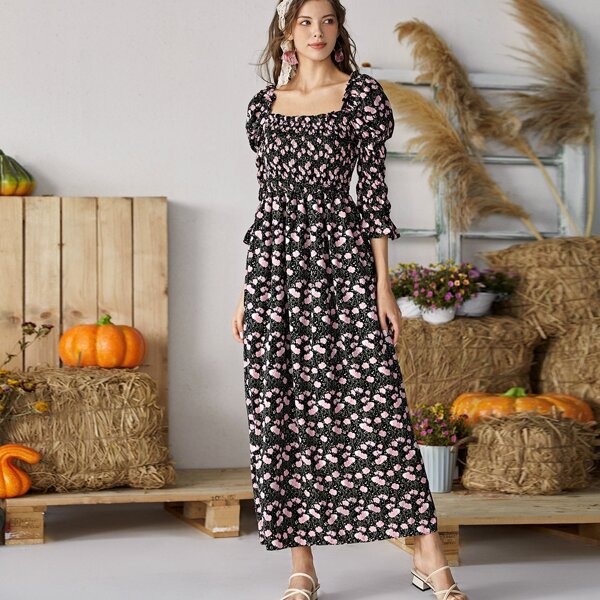 

Allover Floral Shirred Frill Milkmaid Dress, Multicolor