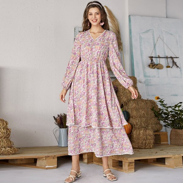 

Floral Print Lace Trim Layered Hem Dress, Multicolor