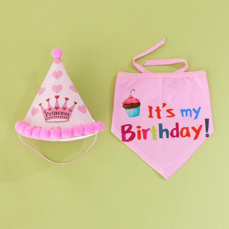 

1pc Dog Bandana & 1pc Birthday Party Hat, Pink