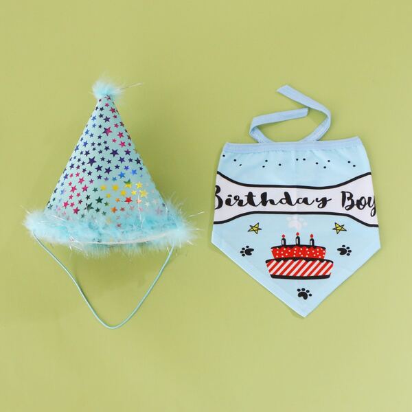 

1pc Dog Bandana & 1pc Birthday Party Hat, Blue