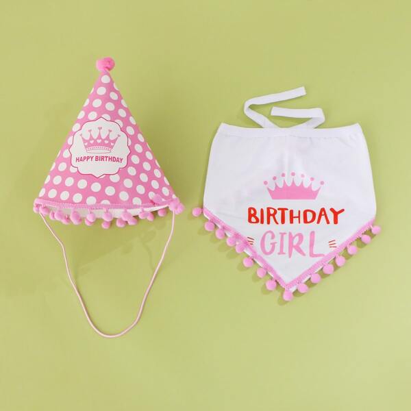 

1pc Dog Bandana & 1pc Birthday Party Hat, Pink