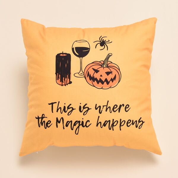 

Halloween Slogan Graphic Cushion Cover Without Filler, Orange