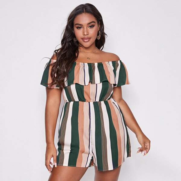 

Plus Vertical Striped Ruffle Bardot Romper, Multicolor