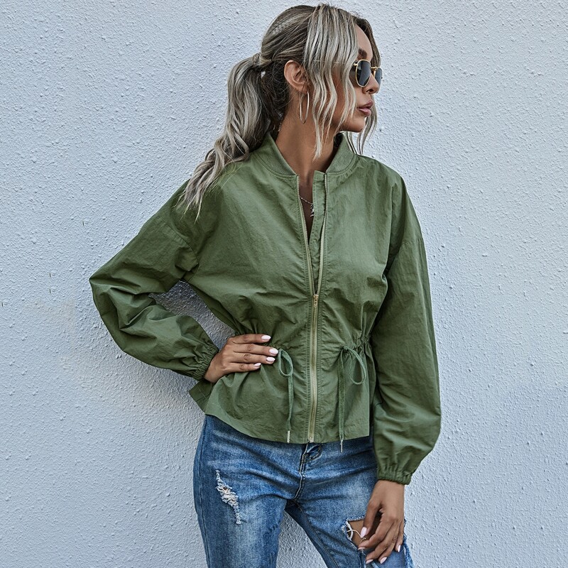 

Zip Up Drawstring Waist Jacket, Army green