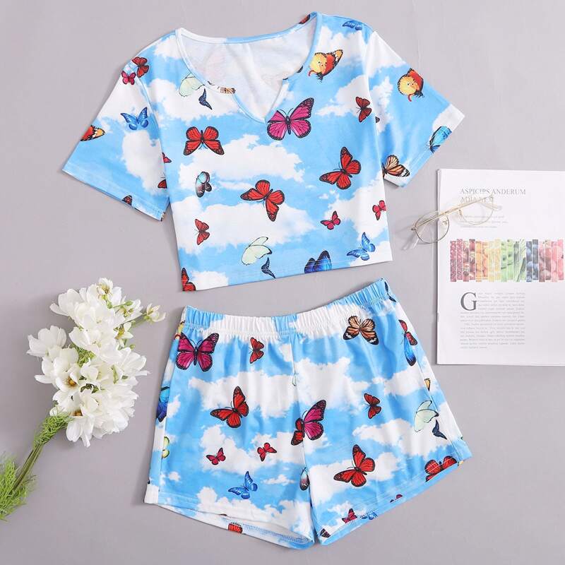 

Butterfly Print Short PJ Set, Blue and white