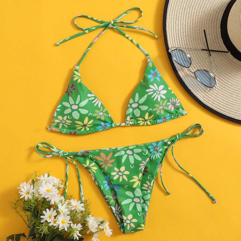 

Tie Side Floral Bikini Swimsuit, Green