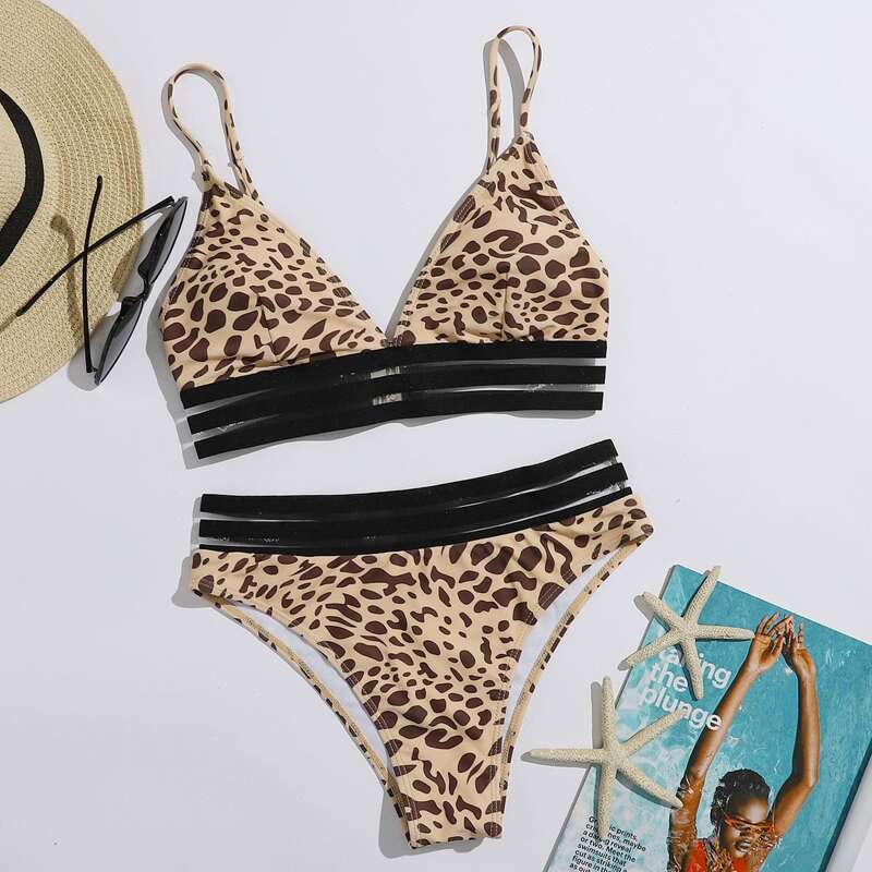 

Contrast Mesh Striped Leopard Bikini Swimsuit, Multicolor