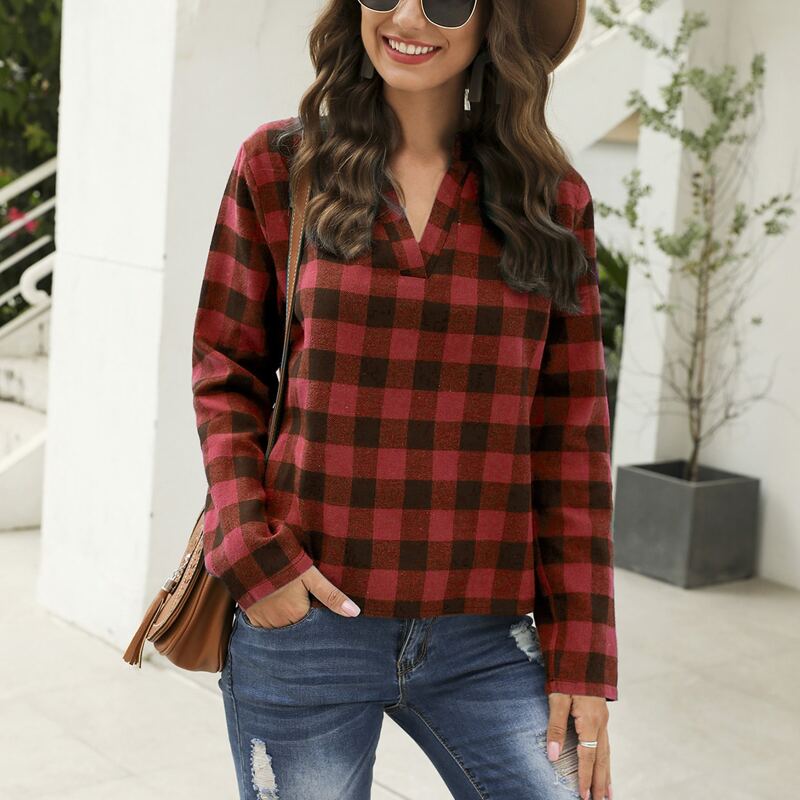 

Buffalo Plaid Notch Neck Blouse, Red