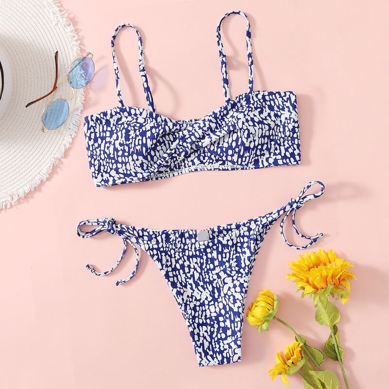 

Twist Front Tie Side Speckle Bikini Swimsuit, Blue