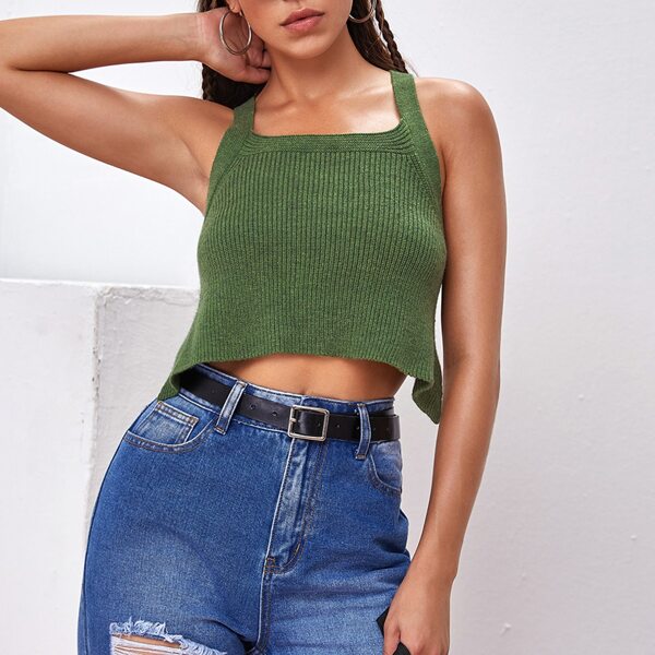 

Halterneck Crisscross Tie Back Knit Top, Army green