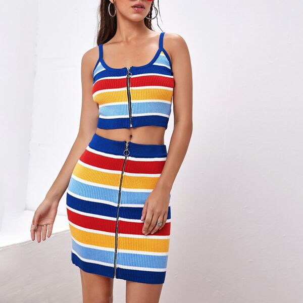 

O-ring Zip Up Striped Knit Top & Skirt Set, Multicolor