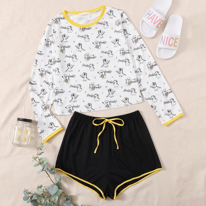 

Dinosaur Print Top & Shorts PJ Set, Multicolor