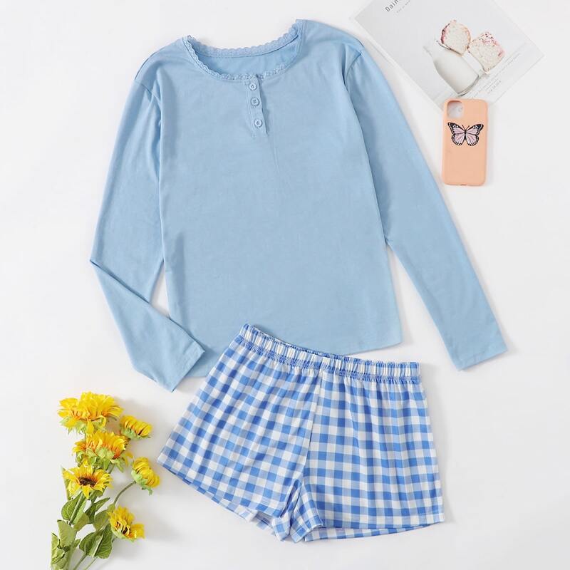 

Henley Top & Gingham Shorts PJ set, Blue