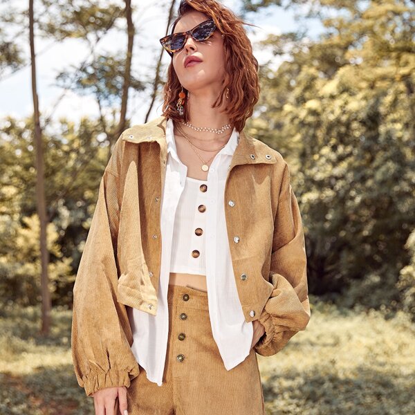 

Solid Popper Button Corduroy Crop Jacket, Camel
