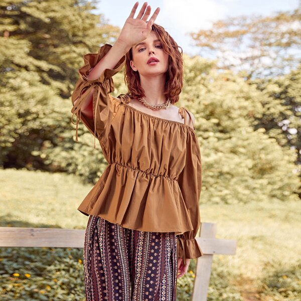 

Tie Shoulder Cut Out Sleeve Peplum Blouse, Brown