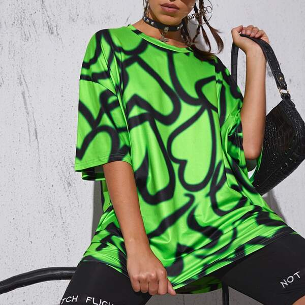 

Allover Heart Print Oversized Longline Tee, Lime green