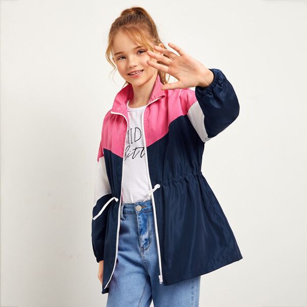 

Girls Drawstring Waist Colorblock Wind Jacket, Multicolor