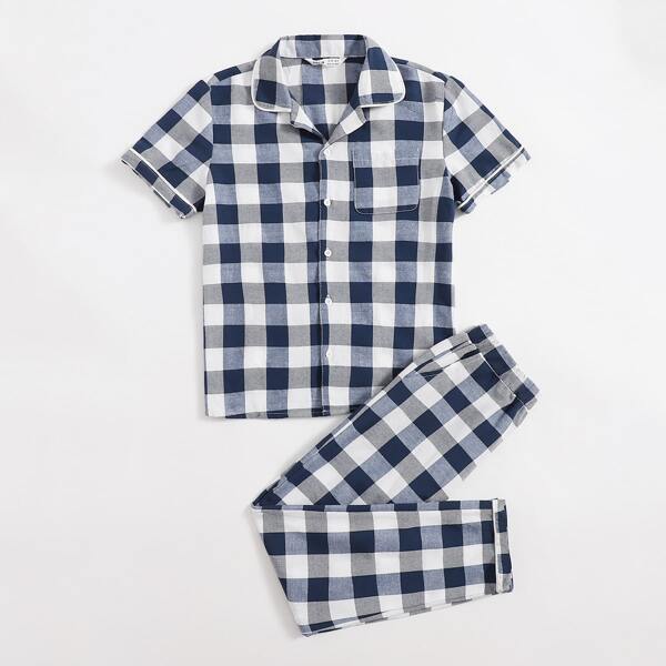 

Boys Buffalo Plaid Button Up Top & Pants PJ Set, Blue and white