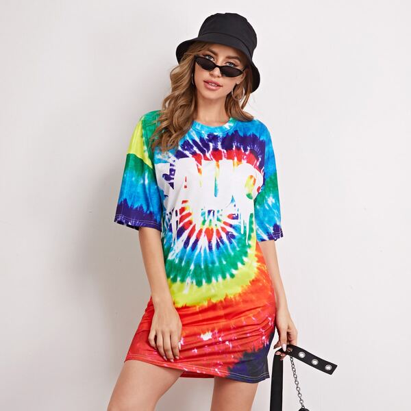 

Tie Dye Print Drop Shoulder Longline Tee, Multicolor