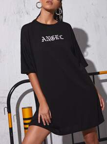 Vestido camiseta de hombros caídos con estampado de letra - Negro - Ver 1