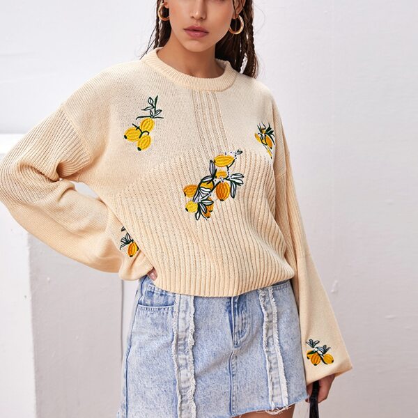 

Drop Shoulder Embroidered Lemon Sweater, Apricot