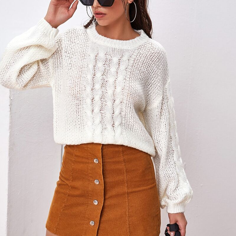 

Drop Shoulder Cable Knit Sweater, White