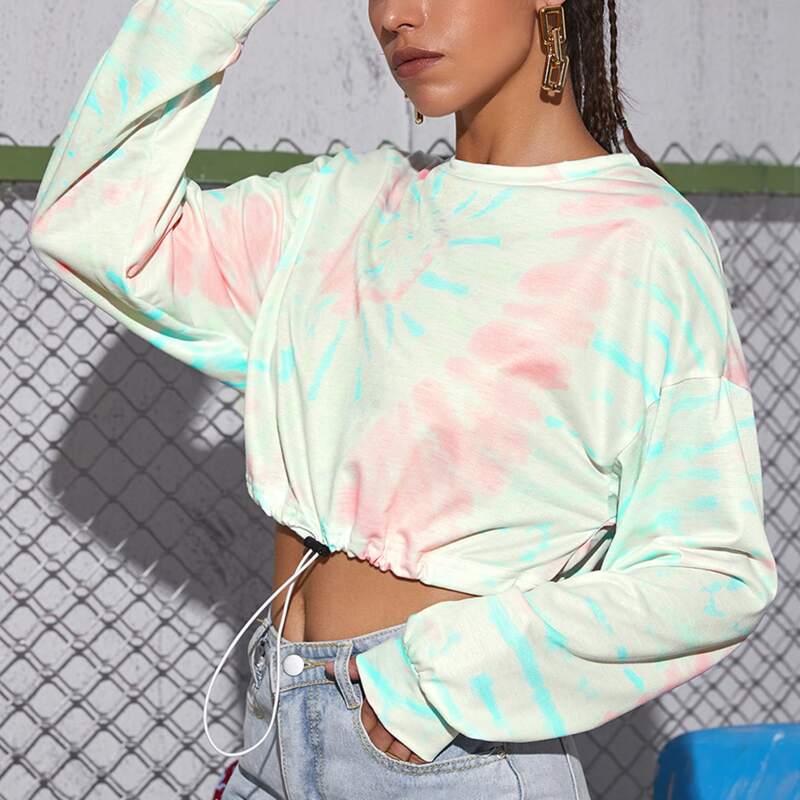 

Drawstring Knot Tie Dye Crop Sweatshirt, Multicolor