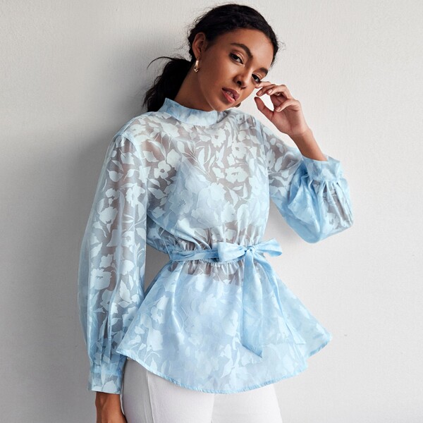 

Lantern Sleeve Self Belt Floral Sheer Top Without Bra, Baby blue