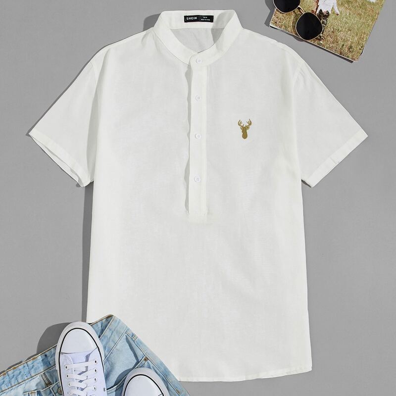 

Guys Deer Embroidered Half Placket Shirt, White