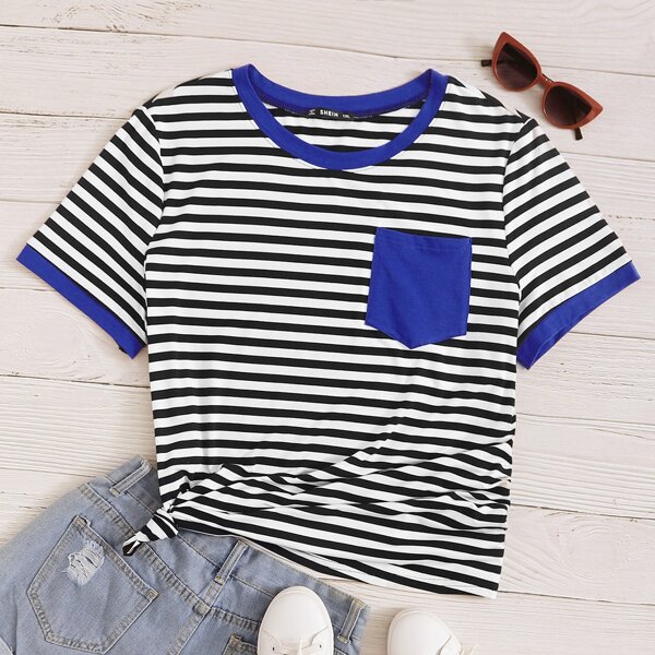 

Plus Pocket Front Striped Ringer Tee, Black and white