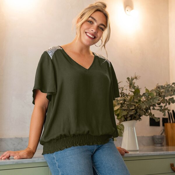 

Plus Flutter Sleeve Sequin Panel Shirred Hem Top, Army green