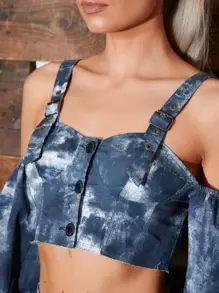 SHEINNeu Casual Tie dye Blouse Voorpand met Knoopjes - Donker blauw - Bekijken 4