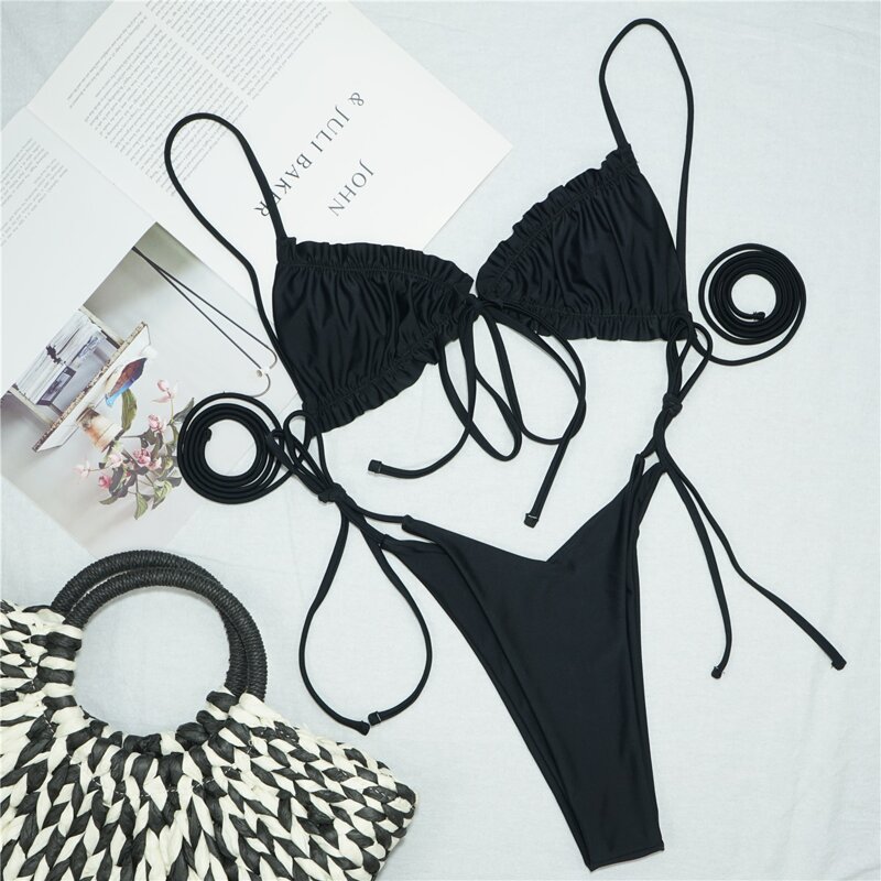 

Frill Trim Triangle Tie Side Bikini Swimsuit, Black
