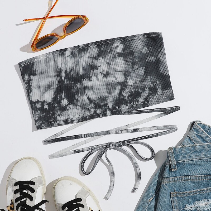 

Tie Dye Self Tie Crop Tube Top, Black and white