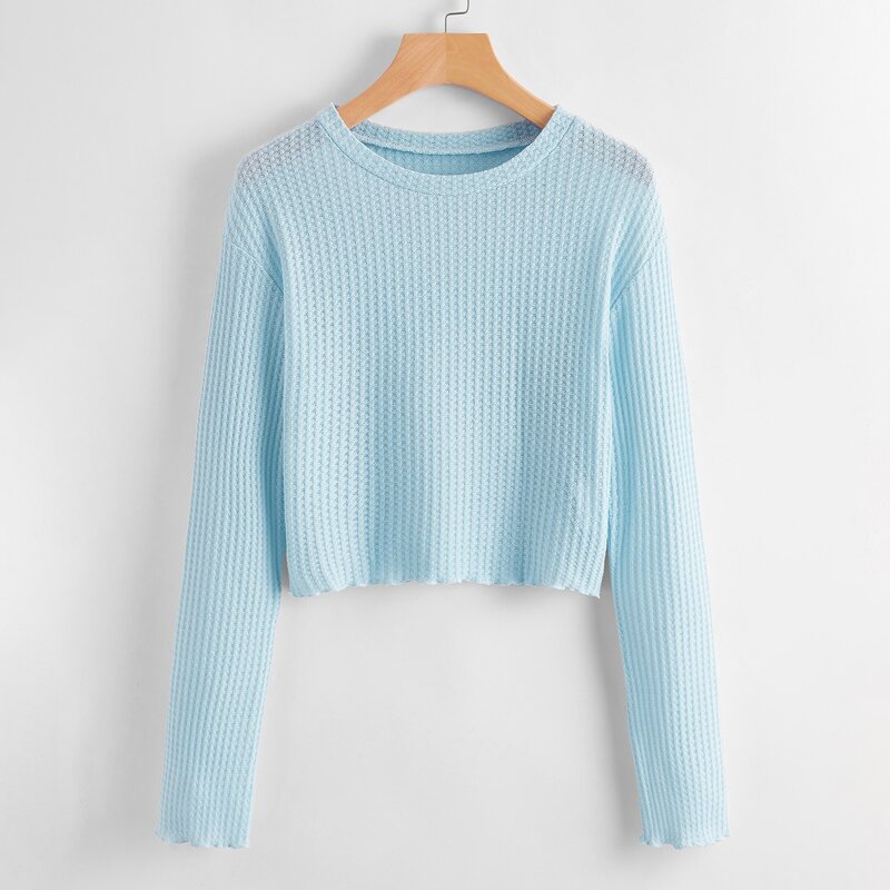 

Lettuce Trim Waffle Knit Sweater, Baby blue
