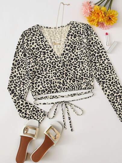 Self Tie Leopard Wrap Crop Top