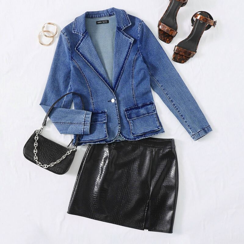 

Notched Collar Single Button Flap Pocket Denim Jacket, Medium wash