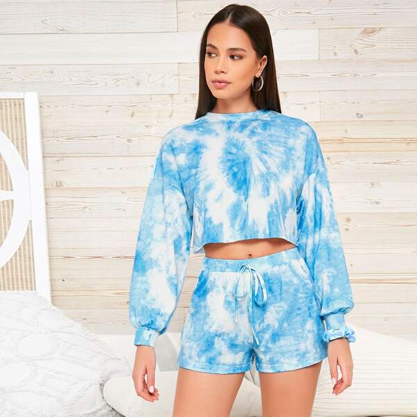 

Tie Dye Crop Pullover & Track Shorts Set, Blue and white