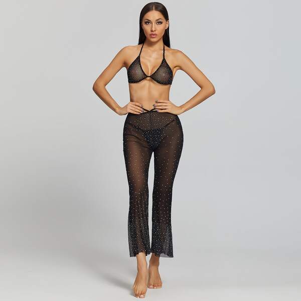 

Mesh Rhinestone Detail Halter Lingerie Set, Black