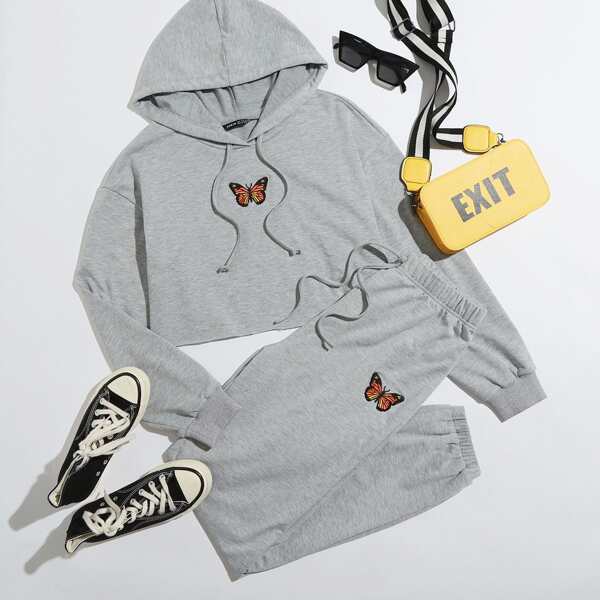 

Butterfly Embroidered Crop Hoodie and Sweatpants Set, Grey