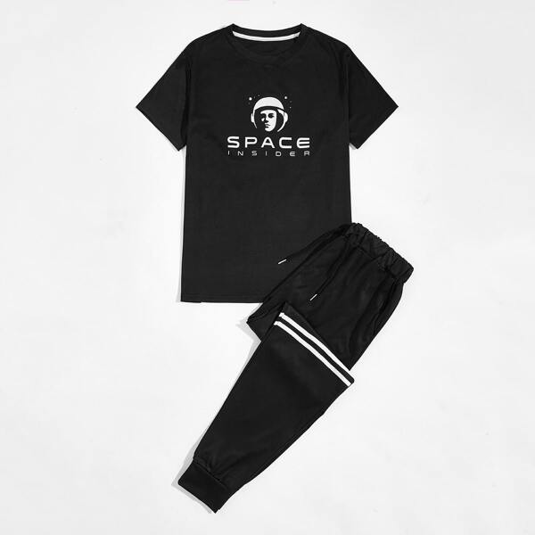 

Мужские спортивные брюки и футболка с текстовым принтом, Чёрный