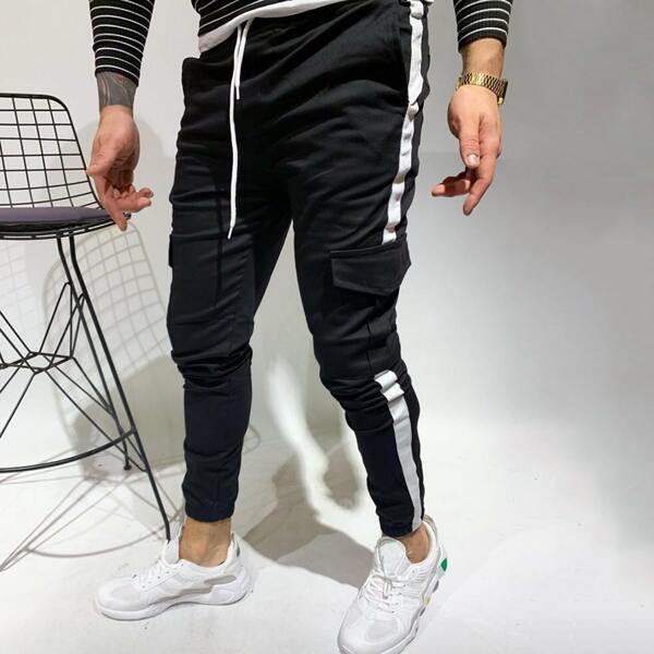 

Men Side Stripe Flap Pocket Cargo Pants, Black