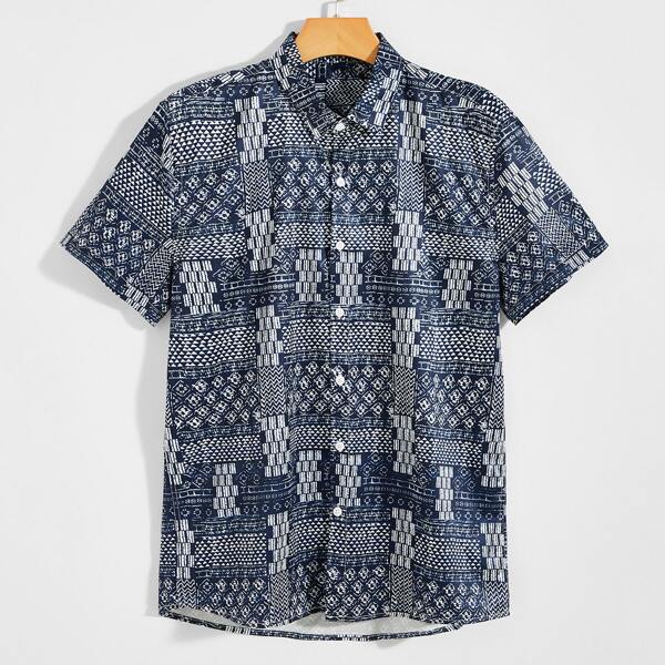 

Men Allover Print Button Up Shirt, Navy blue