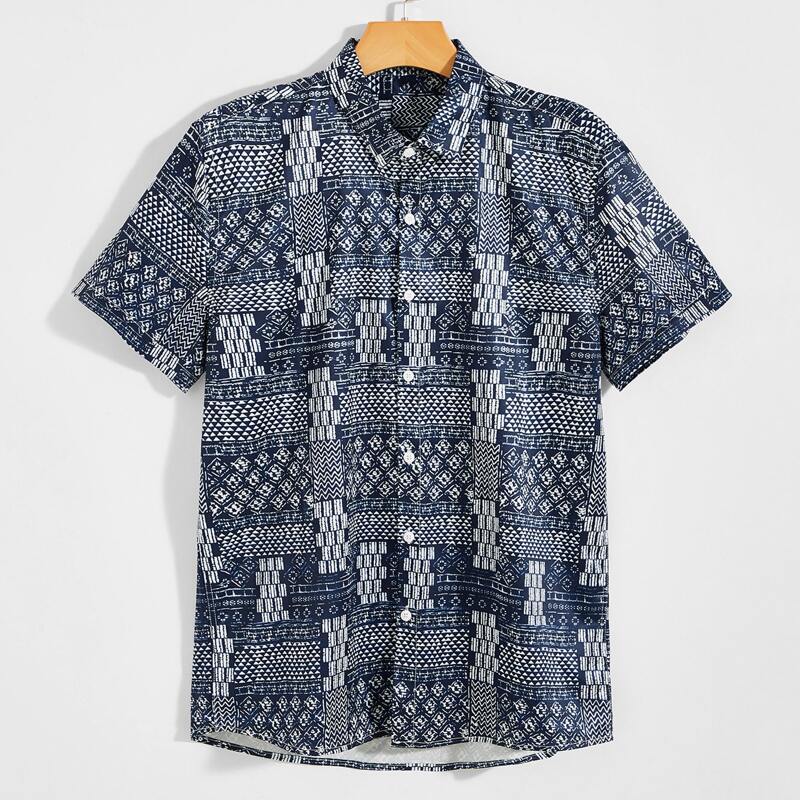 

Guys Allover Print Button Up Shirt, Navy blue