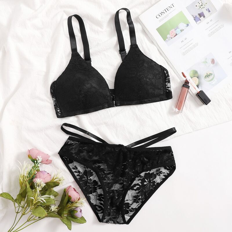 

Floral Lace Lingerie Set, Black
