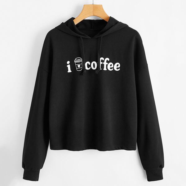 

Slogan Graphic Drawstring Drop Shoulder Hoodie, Black