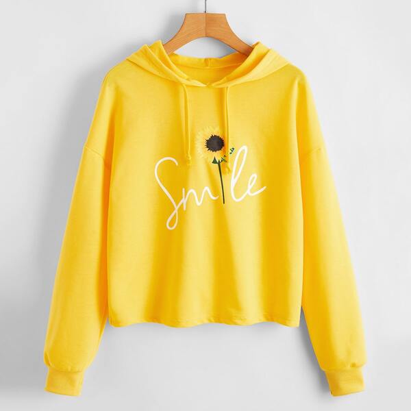 

Letter & Sunflower Print Drawstring Hoodie, Yellow
