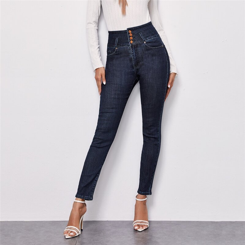 

Wide Waistband Button Fly Jeans, Dark wash